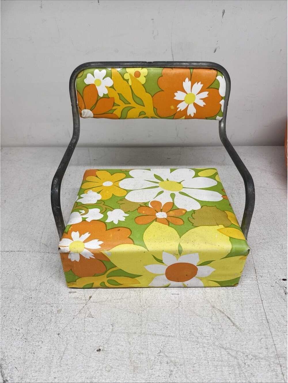Vintage 70's Booster Seat Portable Toddler Child Floral Vinyl W Metal Arms